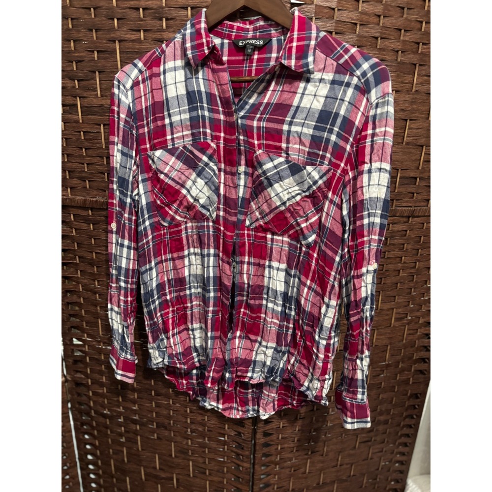 Express XS Flannel Shirt Top Plaid Long Sleeve Button Up Red Blue White